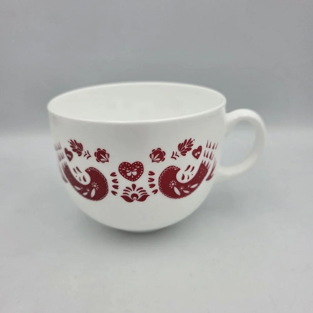 Vtg IKEA White Milk Glass Coffee Cup with Red Bird & Heart Pattern Mug